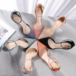 Shoes Woman Flock Ankle Straps 6/8cm Thin High Heels Women Faux Suede Cover Heeled Elegant Sexy Point Toe Sandals Pumps 210520