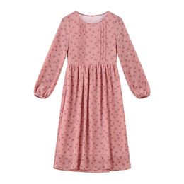 Pink Chiffon Floral Flower Print O Neck Long Lantern Sleeve Midi Dress Mid Calf Sweet Autumn D0604 210514