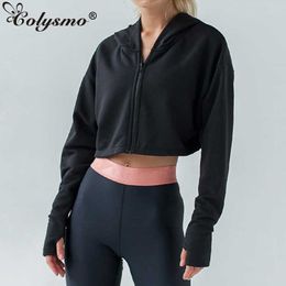 Colysmo Cropped Sweatshirt Fashion Loose Long Sleeve Pullover Solid Colour Black Jacket Zip up Hoodie Casual Streetwear Women Top 210527