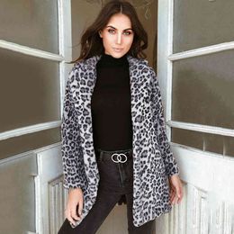 Leopard Plush Thick Cardigan Winter Coat Turn Down Collar Long Sleeve Jackets Elegant Women Warm Overcoat Sexy Casual Outerwear 210507