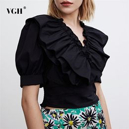 Black Elegant Ruffle Shirts For Women V Neck Puff Short Sleeve Casual Slim Minimalist Blouses Female Summer Fashion 210531
