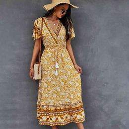 Beach Casual Printed V-Neck Short Sleeve Dress High Waist Summer Women Sundress Fashion Midi dress Vestidos Bohemian Dress 210514