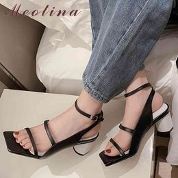 Meotina Genuine Leather Sandals Square Toe Thick Heel Shoes Ankle Strap Real Leather Sandals Narrwo Band Summer Black 40 210520