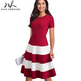 Nice-forever 1950s Retro Contrast Colour Patchwork Round Neck Female vestidos Business Party Flare A-Line Women Dress A142 210419