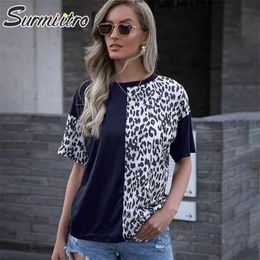 T-shirts For Women Fashion Summer Short Sleeve Black Leopard Patchwork T Shirt Casual Tees Tops Female Tshirt 210421
