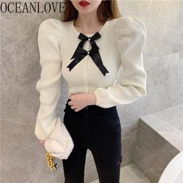 Puff Sleeve Woman Sweaters Bow Vintage Korean Elegant Pull Femme Chic Sprring Autumn Mujer Sueteres 19433 210415