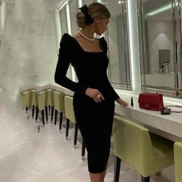 Elegant Cocktail Dresses Arabic Evening Square Neck Long Sleeves Mermaid Velvet Tea Length Dubai Prom Party Gown M03