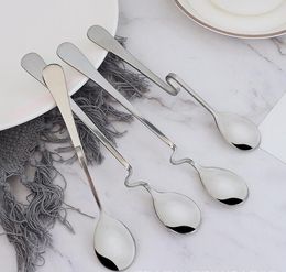 200pcs New Style Bent Spoon Creative Straight Hanging Stainless Steel Dessert Stirring Spoons Coffee Tea Tools