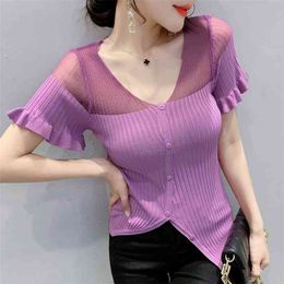 summer Womens knitting T-Shirts Short Sleeves Solid Colour V Neck Splicing Women T shirt Tops 210507