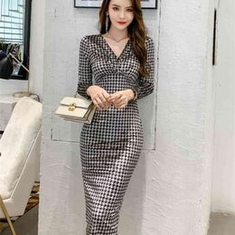 autumn/winter femininity v collared glides slim long-sleeved tight bag hip dress Office Lady Polyester 210416