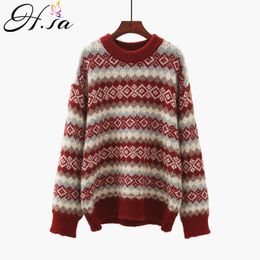 H.SA Chinese Style Vintage Women Argylce Sweater and Pullovers Winter Thick Warm Knitted Pull Jumpers Korean Sweaters Tops 210417