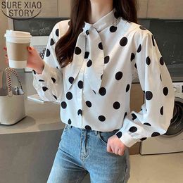 Fashion Bow Tie Korean Blouse Women Dot Chiffon Shirt Spring and Autumn Stand Collar Long Sleeve Tops Blusas Clothing 12260 210417