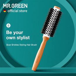 MR.GREEN Boar Bristles Hair Brush Round Styling Curling Roll Hairbrush Natural Wooden Detangling Comb for Long Curly Or Any Type 220222