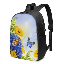 blue butterfly bags UK - Backpack 2021 Laptop USB Blue Hydrangeas And Butterfly School Bag Bookbag Men Women Travel Daypack Leisure
