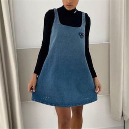 Vintage Denim Suspender Dress Metal Logo Triangle Label High Quality Women Spring Autumn Street Style Dresses