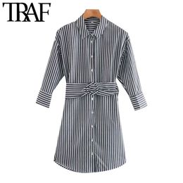 TRAF Women Chic Fashion With Belt Striped Loose Mini Shirt Dress Vintage Three Quarter Sleeve Female Dresses Mujer 210415