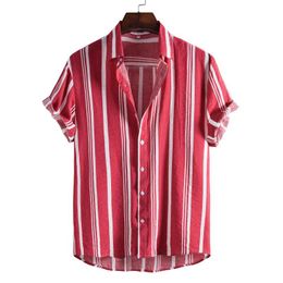 -Мужские футболки стильные простые полосатые хлопчатобумажные льняные летние рубашки с коротким рукавом свободные кнопки вскользь рубашка блузка пляж гавайский