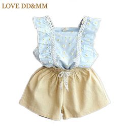 LOVE DD&MM Girls Clothing Sets Summer Kids Clothes Printed Flower Lace Bow sleeveless T-shirts And Shorts Suit 210715