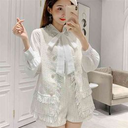 Elegant Shorts Suits Female Bow Chiffon Shirt + White Tweed Vest Jacket Coat Three-Piece Set Women Autumn Clothing 210514