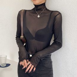 Slim Transparent Mesh Thin Sexy Elasticity T Shirt Women T-Shirt Long Sleeve Tshirt Top Tops Summer Korean Fashion Clothing 210604