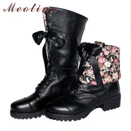 Winter Mid Calf Boots Women Flower Lace Up Thick Heels PU Leather Round Toe Shoes Lady Autumn Big Size 33-43 210517