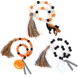 Decorative Objects & Figurines 3PCS/set Halloween Wooden Bead Tassels With Pumpkin Ghost Tray Decor Party Farmhouse Country Beads Garland De