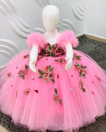 2021 Lace Crystals Flower Girl Dresses Short Sleeves Tulle Ball Gown Lilttle Kids Birthday Pageant Weddding Gowns