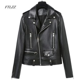 Spring Autumn Faux Leather Motorcycle Jacket Women Zipper Coat Vintage Long Sleeve Soft Black Jackets 210430