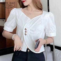 Summer Square Collar Short Sleeve French Design Chiffon Shirt White Blouse Summer Tops and Blouse Chemisier Femme 10030 210528