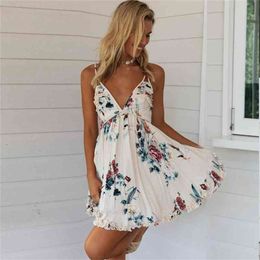 Foridol Backless Mini Dress Summer V Neck Beach Sundress Women White Floral Print Dresses Short Dress 210415