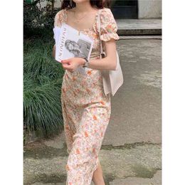 Square Neck Lace Sweet Orange Floral Puff Sleeve Dress Women Summer Korean Fashion clothing 210520