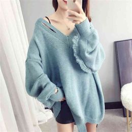 V-neck Tassel Sweater Women's Head Knit Solid Color Long-sleeved Loose Autumn And Winter Thick Warm 210427