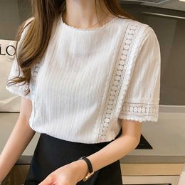 Korean Women Short Sleeve Tops Hollow Out Lace Blouse Elegant Office Lady Tops Summer White Pink Shirt Solid Blusas 9602 210527