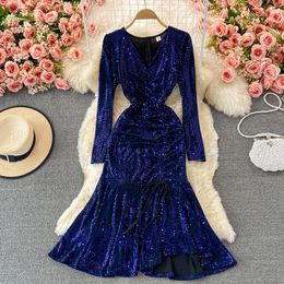 Casual Dresses ZCWXM Party Black Dress Women Elegant Drawstring Ruffles Shiny Sequins Mermaid 2021 Autumn Korean Streetwear Midi