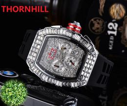 Men Fashion Sport Shinning Watches Hip Hop Mens Quartz Chronograph ICE-Out Bling Diamonds Bracelet All Dial Work Rubber Calendar Designer Montre De Luxe Wristwatch