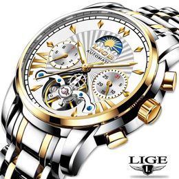 LIGE Official Store Mens Watches Top Brand Luxury Automatic Mechanical Business Clock Gold Watch Men Reloj Mecanico de Hombres 210407