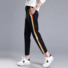 Spring Summer Women Casual Sweatpants Rainbow Striped Printed Side Pant Ladies Loose Trousers Joggers Sweat Pants Plus Size 210518