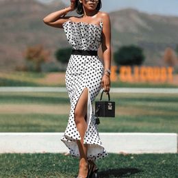 Women Tube Tops Dresses Polka Dot Bodycon Side Slit with Waist Belt Party Sexy Slim Vestido African Event Celebrate Occasion 210416