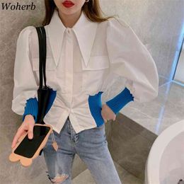 Women Patchwork Blouse Office Lady Long Puff Sleeve Shirt Summer Tops Casual Female Slim Waist Vintage Cropped Blusas 210519