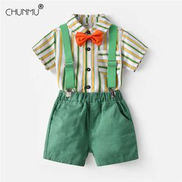 Baby Kids Summer Clothing Sets Gentleman Boys Striped Short-sleeved T-shirt + Overalls 2pcs Sets Tracksuit Children Clothes X0902