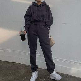 Hoodies Suit Winter Spring Solid Casual Tracksuit Women Fleece 2 Pieces Set Sports Sweatshirts Pullover Home Sweatpants Outfits 220315