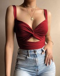 Summer Women Solid Thick Strap Cutout Tank Top Femme Backless V-Neck Ruched Vest Ladies Sexy Plain Skinny Party Clothing 210415