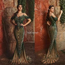 Green Mermaid Evening Dresses Sheer Jewel Neck Crystal Major Beading Long Prom Dresses Ruffle Custom Made Sweep Train Formal Party Gowns EE