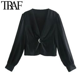TRAF Women Fashion With Knot Cosy Cropped Blouses Vintage V Neck Long Sleeve Female Shirts Blusas Chic Tops 210415