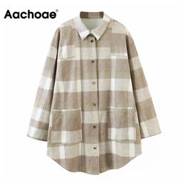 Aachoae Casual Loose Plaid Blouse Women Vintage Turn Down Collar Shirt With Pockets Batwing Long Sleeve Ladies Tops 210413