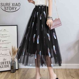 Spring And Summer Lace Mesh Korean Embroidery Tulle Midi Skirts Women Elegant Black Tutu Party Skirt Faldas 9588 210415