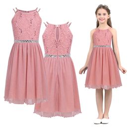 Kids Girls Wedding Dress Summer Kids Party Dresses Sleeveless Shiny Sequins Floral Outfits Lace Gown Children Princess Clothes Q0716