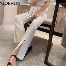 QOELRIN White Front Slit Suit Pants Spring Summer Women's Elegant OL Style Drape High Waist Wide Leg Straight Trouser Plus 210601