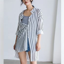 Women Autumn Long Blouses Shirts Fashion Single Breasted Casual Striped Irregular Split Tops 210520