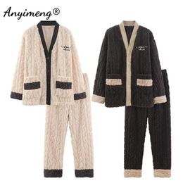 Fashion Leisure Winter Thick Pyjamas for Couple Warm Pyjama Set Men Preppy Pj Cardigan Pijama Good Quality 211215